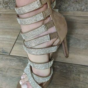 Gorgeous Tan & Rhinestone Stiletto Sandals NWOT